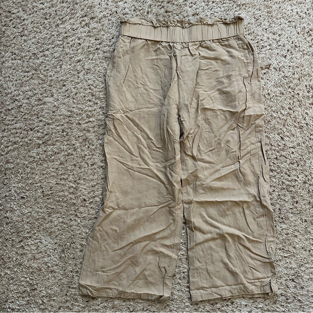 ELODIE Womens Pants Natural Khaki Wide Leg Linen Blend Trousers Size M Medium